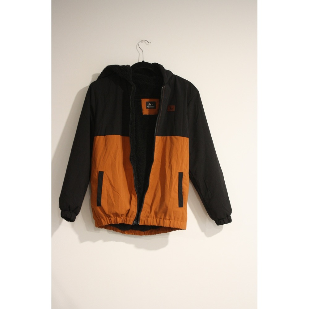 Boys Colorblock Hooded Jacket Kids XL Black brown Sherpa Lined‎ outdoor earthy